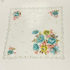 Vintage Linen Floral Hankie Handkerchief Bandanna 14” Wide Hanky
